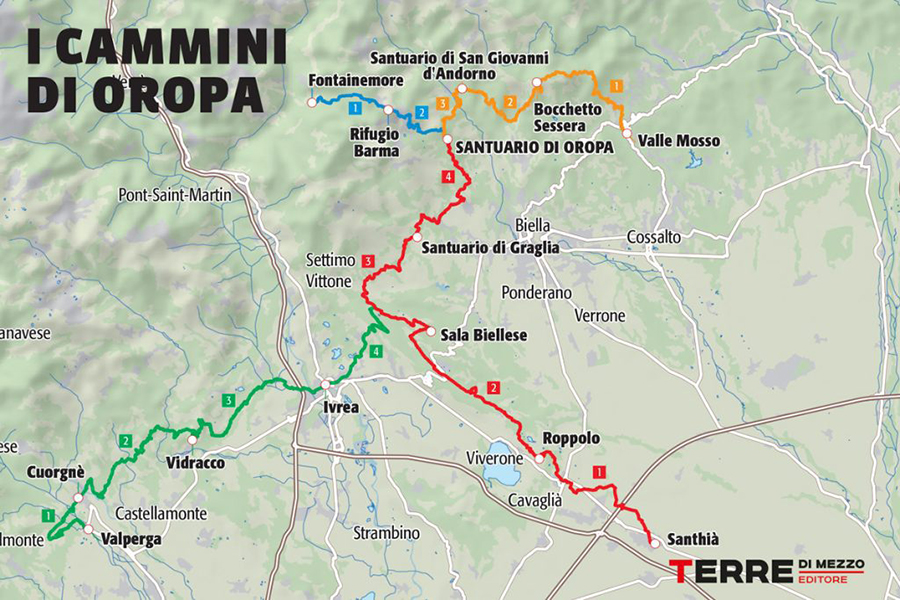 Mappa degli itinerari del Cammino di Oropa