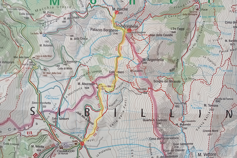 Mappa del Percorso Castelluccio di Norcia - Cima Sasso Borghese - Monte Porche nei Sibillini
